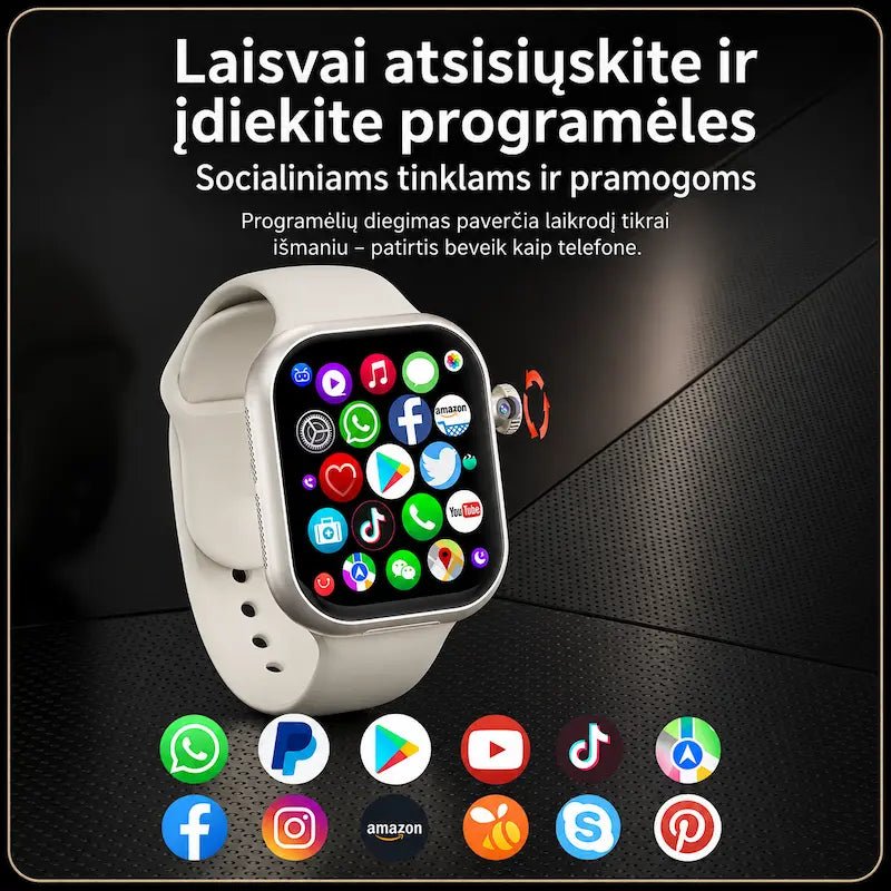 Išmanusis laikrodis su atsisiunčiamomis socialinių tinklų ir pramogų programėlėmis