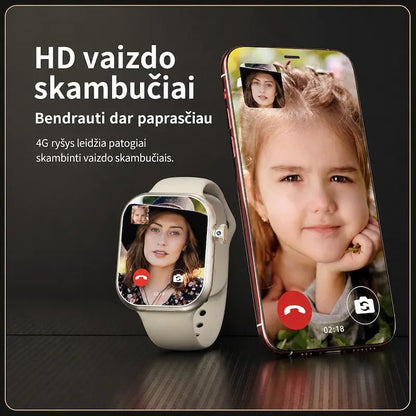 Išmanusis laikrodis ir telefonas, naudojami HD vaizdo skambučiui per 4G ryšį