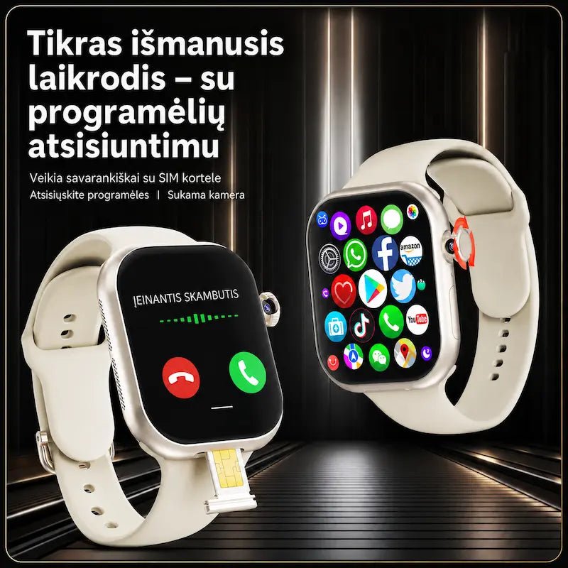 Sidabrinės spalvos išmanusis laikrodis su 4G SIM kortele, programėlėmis, sukama kamera ir įeinančiu skambučiu