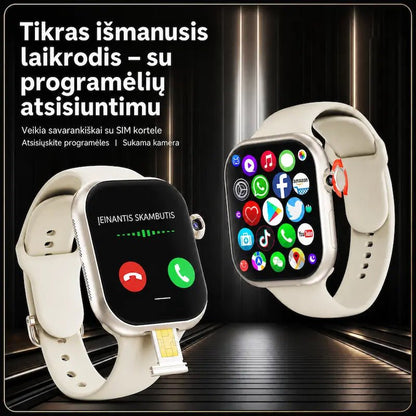 Sidabrinės spalvos išmanusis laikrodis su 4G SIM kortele, programėlėmis, sukama kamera ir įeinančiu skambučiu