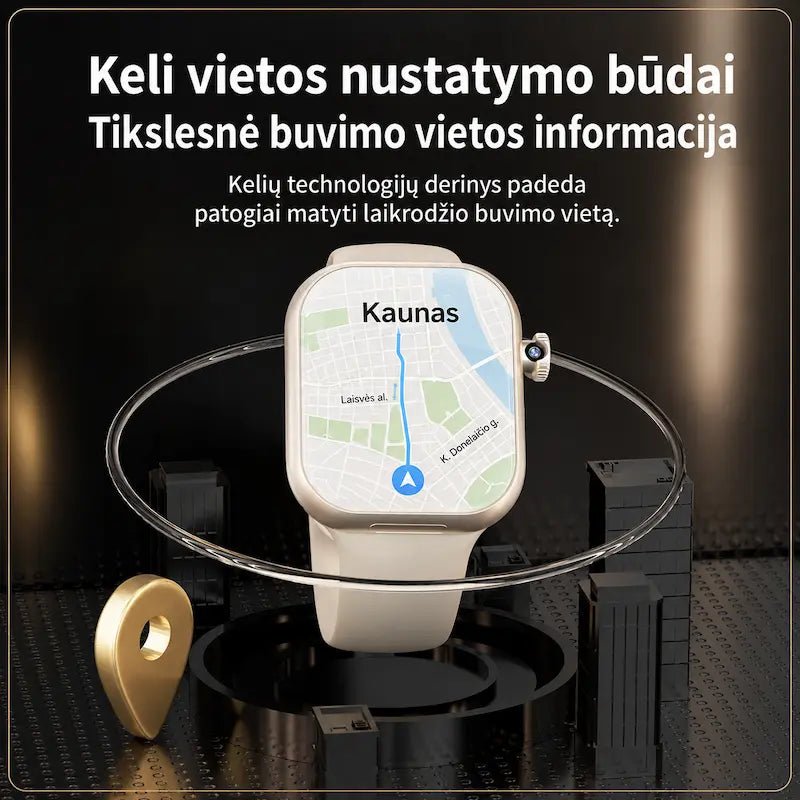 Išmanusis laikrodis su keliais vietos nustatymo būdais ir Kauno žemėlapiu