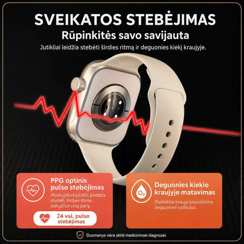 Išmanusis laikrodis su PPG pulso ir deguonies kiekio kraujyje stebėjimo jutikliais