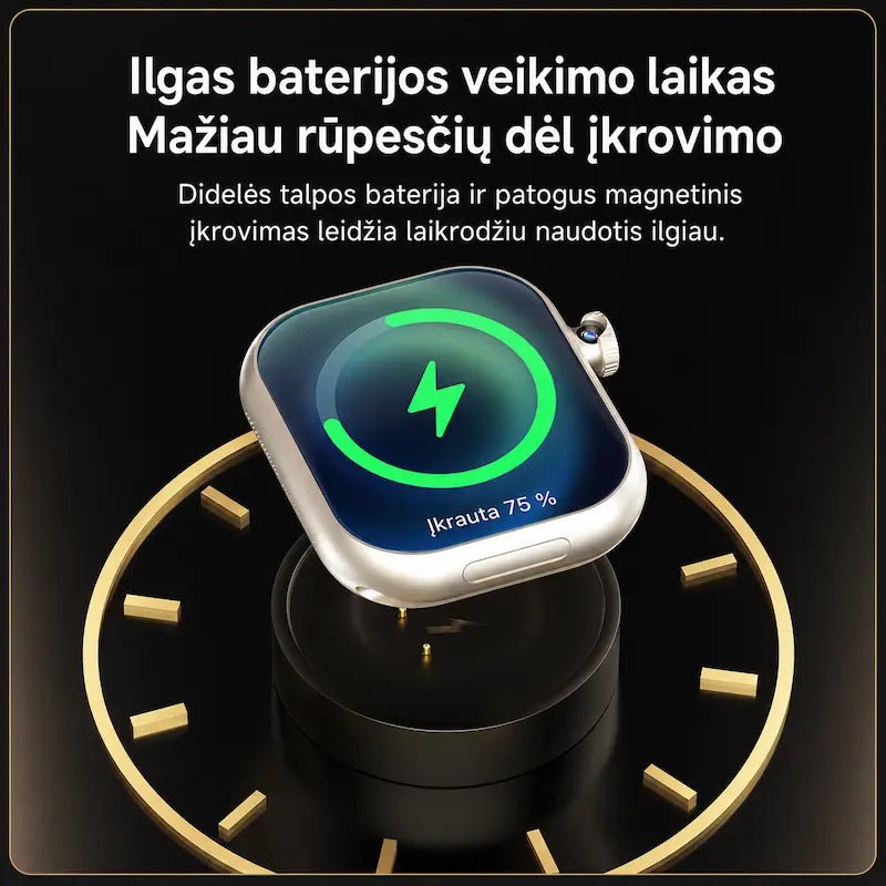 Išmanusis laikrodis su ilgo veikimo baterija ir magnetinio įkrovimo stotele