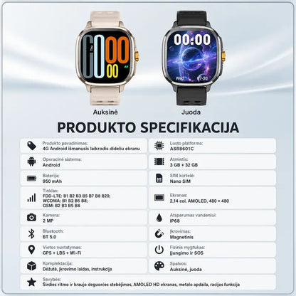 Išmanusis laikrodis suaugusiems MT110 (4G, GPS, AMOLED, kamera, 950 mAh)