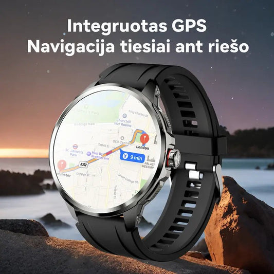 MT109 išmanusis laikrodis su integruotu GPS ir navigacijos žemėlapiu ekrane.