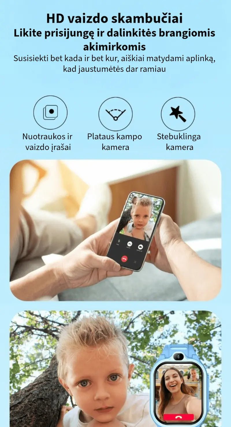 HD vaizdo skambučių funkcija vaikiškame išmaniajame laikrodyje: nuotraukos, vaizdo įrašai ir plataus kampo kamera bendravimui su tėvais
