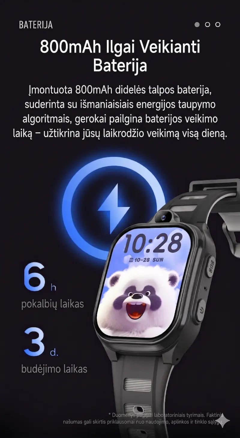 Išmaniojo laikrodžio vaikams 800 mAh baterijos savybės: iki 6 valandų pokalbių laikas ir iki 3 dienų budėjimo režimas.