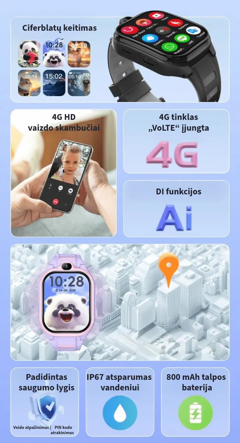 Išmaniojo laikrodžio vaikams pagrindinės savybės: 4G ryšys, vaizdo skambučiai, GPS sekimas, IP67 atsparumas vandeniui ir 800 mAh talpos baterija.