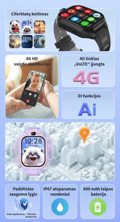 Išmaniojo laikrodžio vaikams pagrindinės savybės: 4G ryšys, vaizdo skambučiai, GPS sekimas, IP67 atsparumas vandeniui ir 800 mAh talpos baterija.