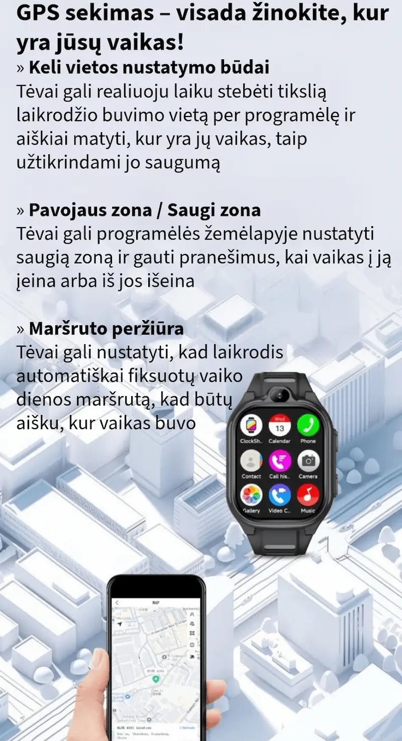 Išmaniojo laikrodžio vaikams GPS sekimo funkcijos: vietos nustatymas realiuoju laiku, saugios zonos nustatymas ir maršruto peržiūra mobiliojoje programėlėje