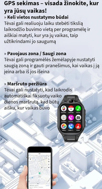 Išmaniojo laikrodžio vaikams GPS sekimo funkcijos: vietos nustatymas realiuoju laiku, saugios zonos nustatymas ir maršruto peržiūra mobiliojoje programėlėje