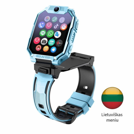 Mėlynas atverčiamas vaikiškas išmanusis laikrodis su kamera ir lietuvišku meniu.