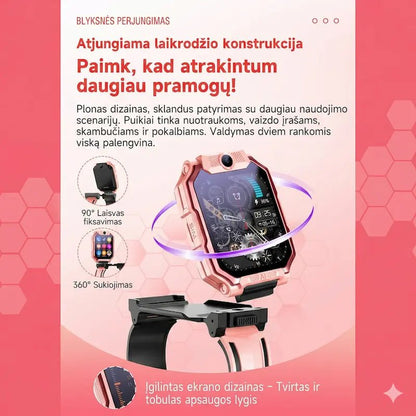 Rožinis vaikiškas laikrodis su 360° sukiojama ir atjungiama konstrukcija bei tvirtu ekranu.