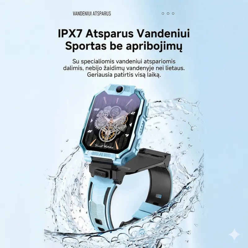 Vaikiškas išmanusis laikrodis su IPX7 atsparumu vandeniui, tinkamas žaidimams vandenyje ir lietui.