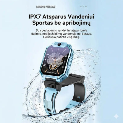 Vaikiškas išmanusis laikrodis su IPX7 atsparumu vandeniui, tinkamas žaidimams vandenyje ir lietui.