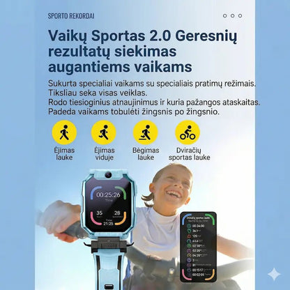 Vaikiško laikrodžio sporto režimų apžvalga: ėjimas, bėgimas ir važiavimas dviračiu lauke.