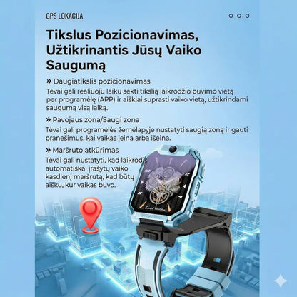 Vaikiško laikrodžio GPS lokacijos funkcijų aprašymas: saugios zonos ir maršruto atkūrimas.