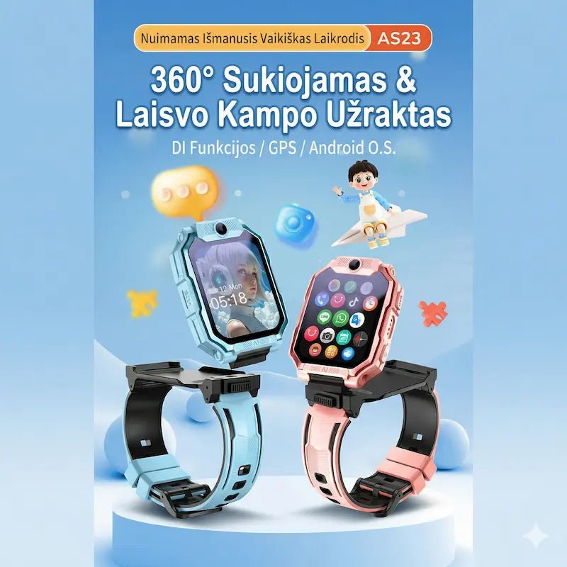 360° sukiojamas vaikiškas išmanusis laikrodis AS23 su GPS, Android OS ir nuimamu korpusu.