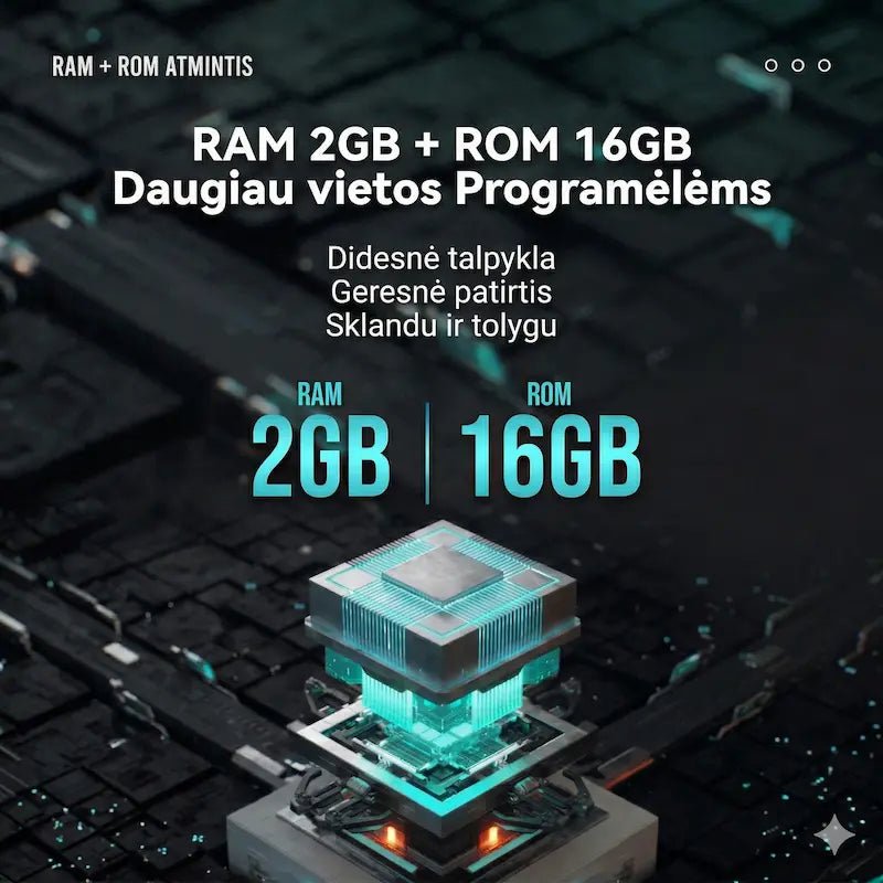 Vaikiško laikrodžio atminties specifikacijos: 2GB RAM ir 16GB ROM sklandžiam veikimui.