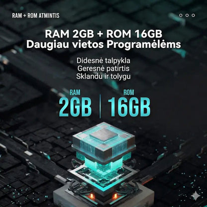 Vaikiško laikrodžio atminties specifikacijos: 2GB RAM ir 16GB ROM sklandžiam veikimui.