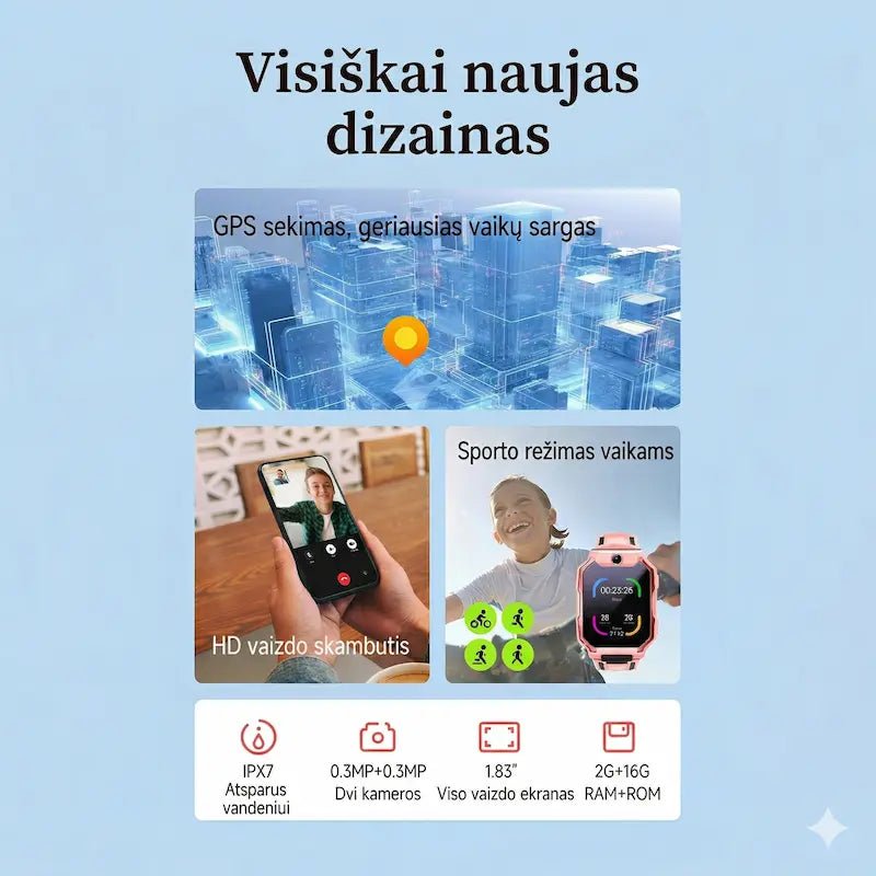 Išmaniojo laikrodžio funkcijų apžvalga: GPS sekimas, HD vaizdo skambučiai ir sporto režimas.