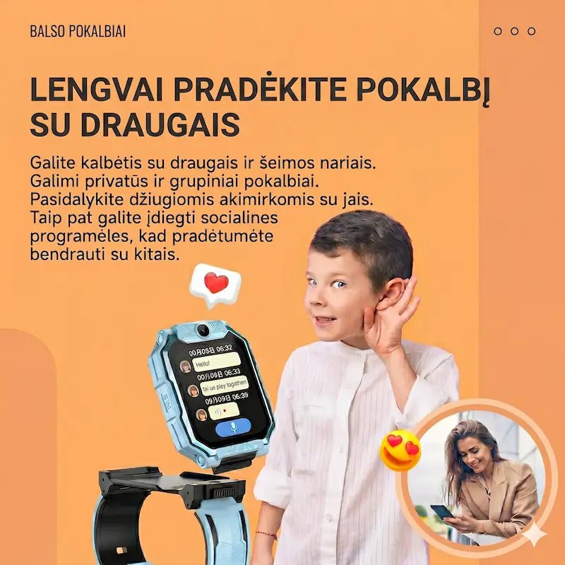 Vaikiško laikrodžio balso pokalbių funkcijos pristatymas su besišypsančiu vaiku ir moterimi.