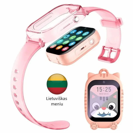 Išmanusis laikrodis vaikams rožinės spalvos su silikoniniu dėklu ir lietuvišku meniu.