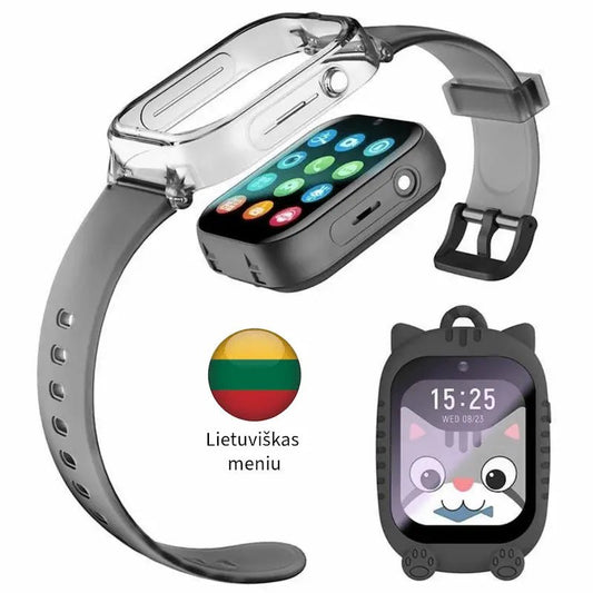 Išmanusis laikrodis vaikams juodos spalvos su silikoniniu dėklu ir lietuvišku meniu.