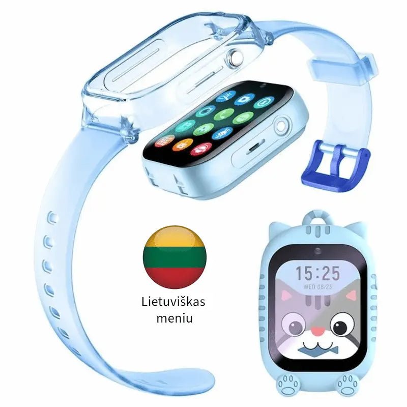 Išmanusis laikrodis vaikams mėlynos spalvos su silikoniniu dėklu ir lietuvišku meniu.