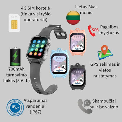 Vaikiško išmaniojo laikrodžio funkcijų aprašymas: GPS, 4G ryšys, SOS ir lietuviškas meniu.