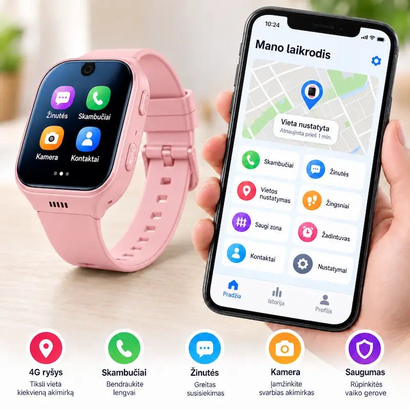 Rožinis K9H 4G išmanusis laikrodis vaikams su GPS sekimu ir lietuviška programėle telefone