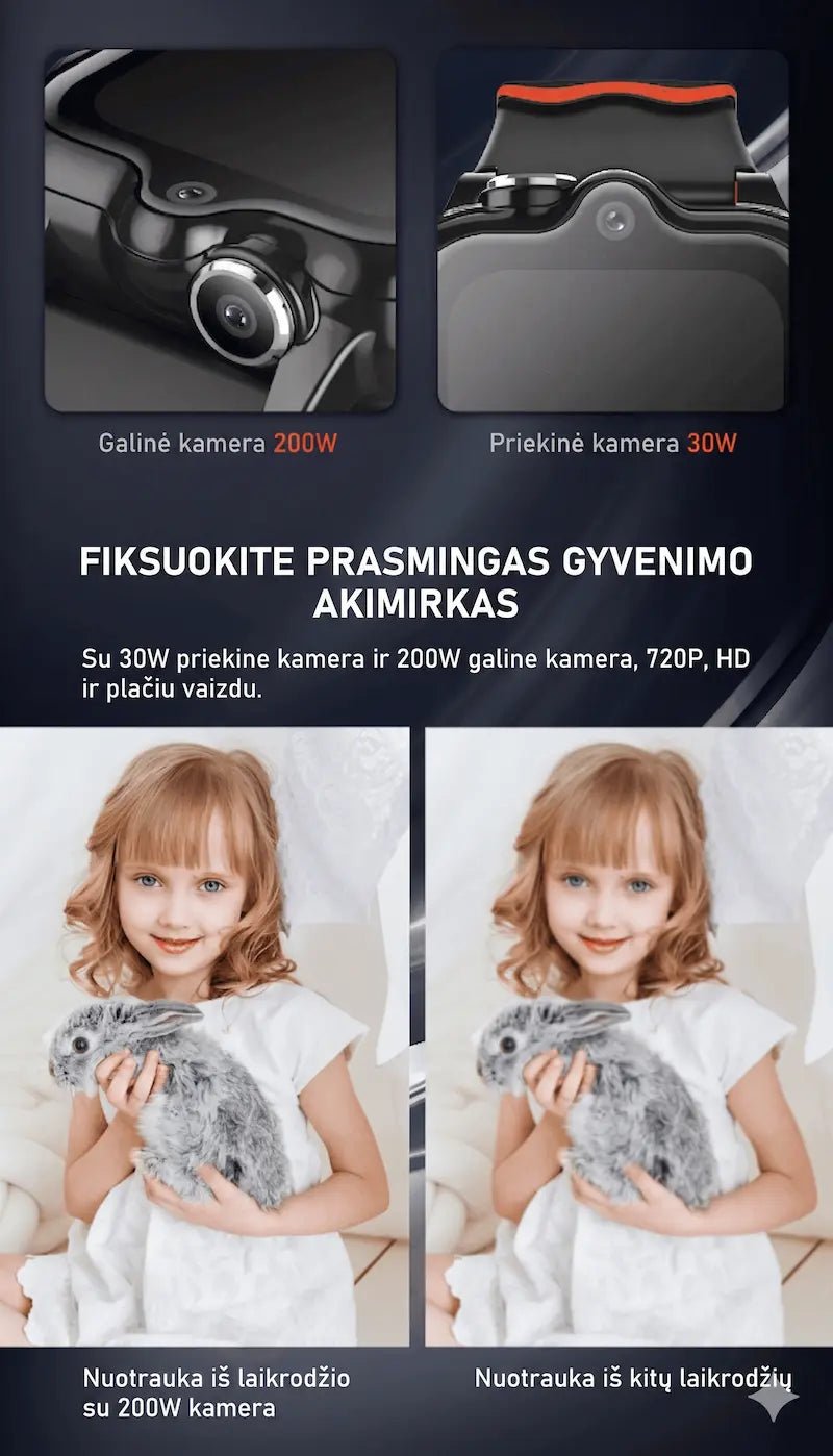 Išmaniojo laikrodžio vaikams kamerų palyginimas: galinė 200W ir priekinė 30W kameros