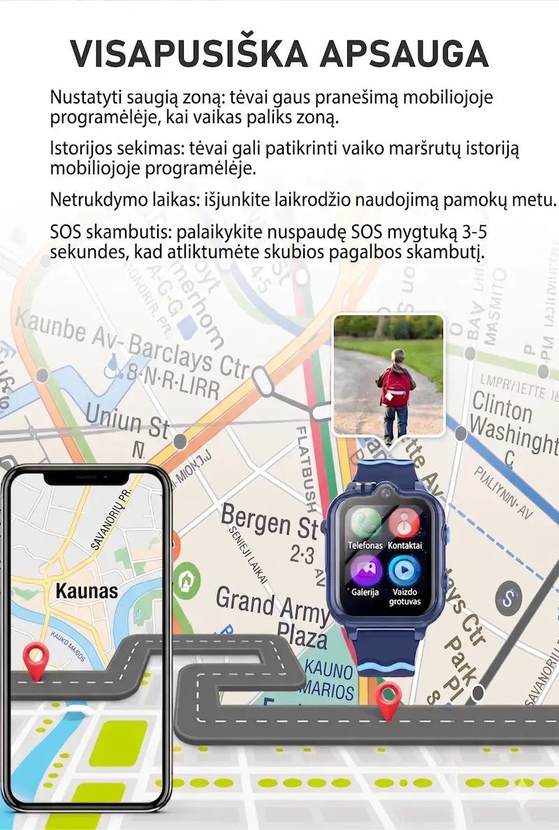 Išmaniojo laikrodžio saugumo funkcijų, tokių kaip SOS skambutis ir saugi zona, aprašymas su žemėlapio bei programėlės iliustracija.