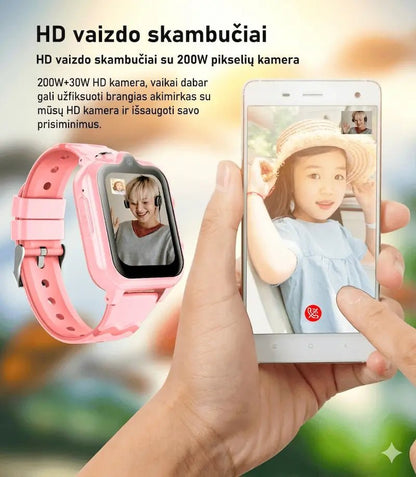 Rožinis išmanusis laikrodis vaikams su HD vaizdo skambučių funkcija.