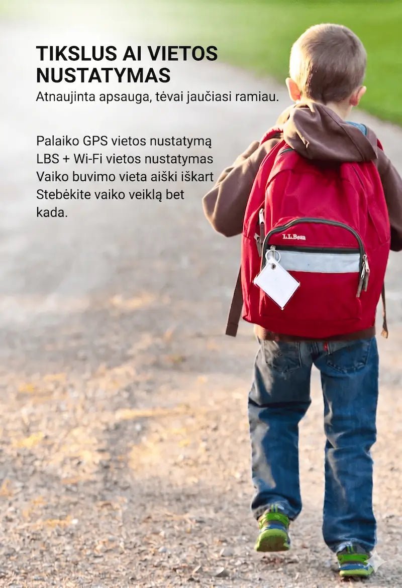 Vaikas su kuprine eina takeliu, šalia pateikiamas tikslaus AI vietos nustatymo ir GPS saugumo funkcijų aprašymas lietuvių kalba