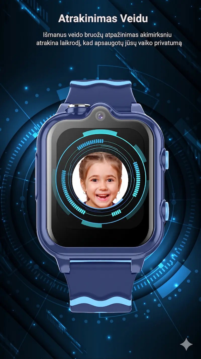 Mėlynas išmanusis laikrodis vaikams su veido atpažinimo (Face ID) funkcija.