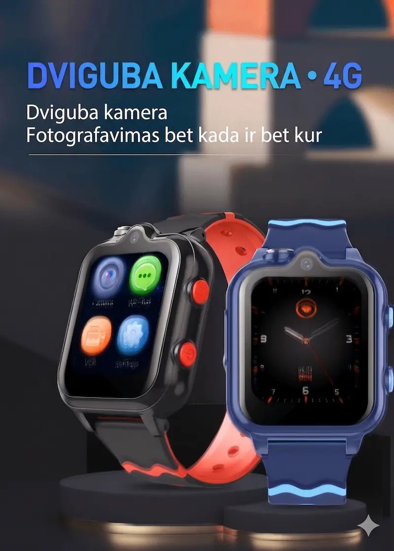 Vaikiškų išmaniųjų laikrodžių su dviguba 4G kamera pristatymas lietuvių kalba, pavaizduoti juodas ir mėlynas modeliai