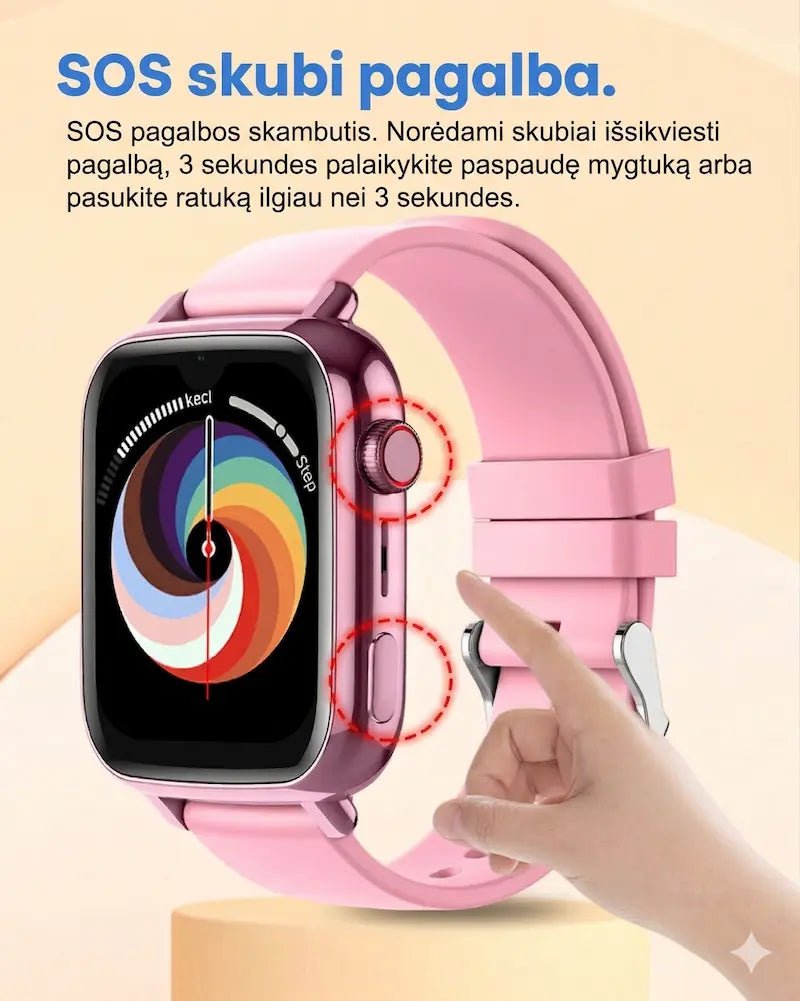 Infografikas su vaikišku išmaniuoju laikrodžiu, iliustruojantis „SOS vieno paspaudimo“ pagalbos funkciją ir automatinį skambutį tėvams nelaimės atveju.