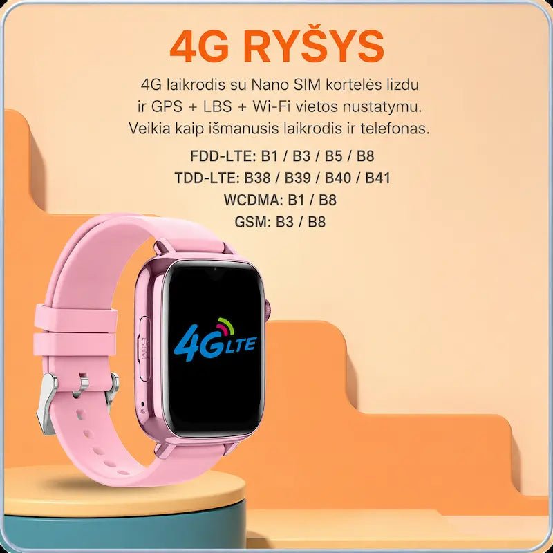 Rožinis KT34 laikrodis vaikams su sparčiu 4G LTE ryšiu