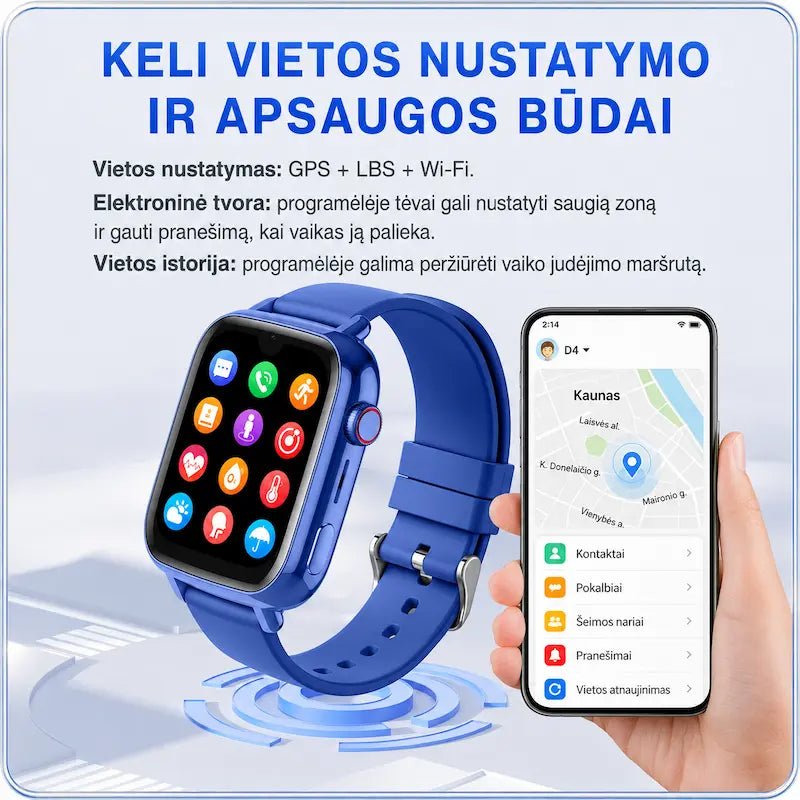 Mėlynas KT34 GPS laikrodis ir vaiko buvimo vietos sekimas telefone