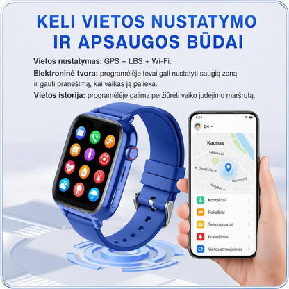 Mėlynas KT34 GPS laikrodis ir vaiko buvimo vietos sekimas telefone