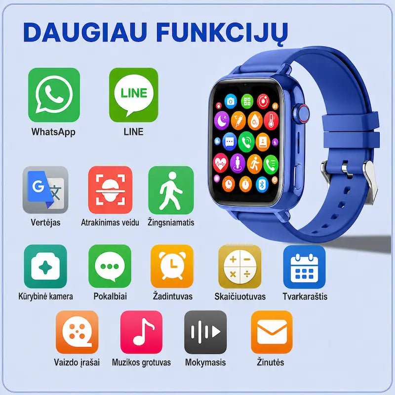 KT34 išmaniojo laikrodžio funkcijos ir programėlių meniu