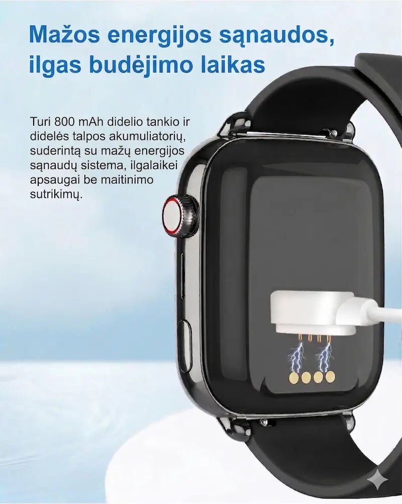 
Infografikas, rodantis juodo išmaniojo laikrodžio magnetinį įkrovimą ir aprašantis 800 mAh talpos akumuliatorių bei ilgą budėjimo laiką.