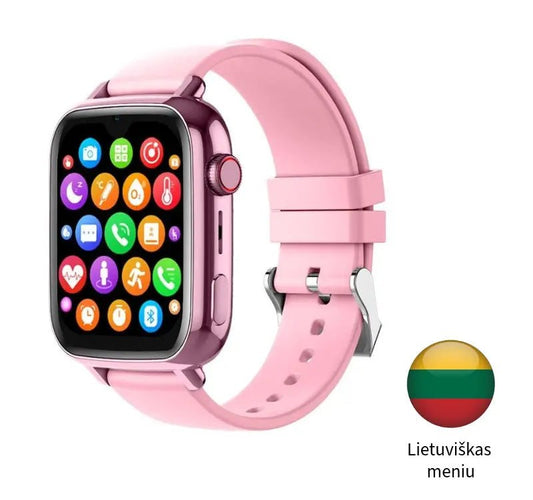 Rožinės spalvos išmanusis laikrodis su lietuvišku meniu, silikonine apyranke ir spalvotomis programėlių piktogramomis ekrane.
