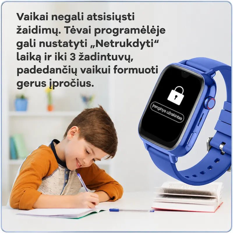 Mėlynas KT34 laikrodis su tėvų kontrole ir saugumo funkcijomis