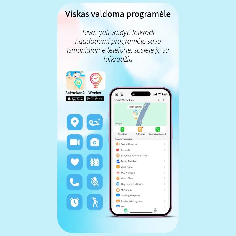 Infografikas: vaikiško išmaniojo laikrodžio vaizdo skambučio funkcija, rodoma telefone 