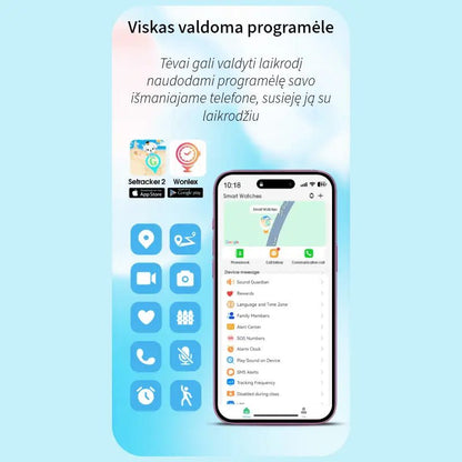 Infografikas: vaikiško išmaniojo laikrodžio vaizdo skambučio funkcija, rodoma telefone 