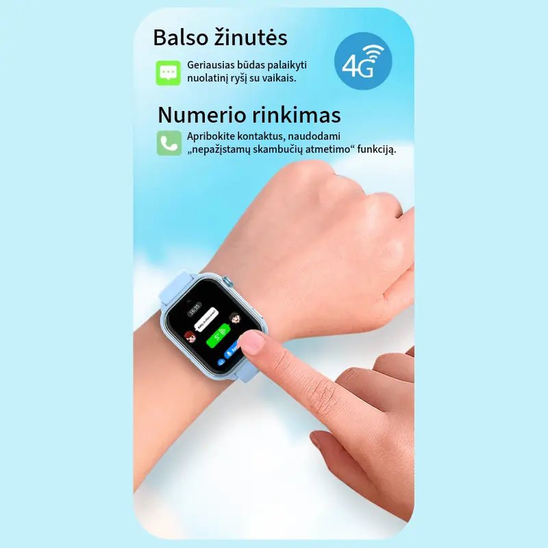 vaikiško laikrodžio 4G balso žinutės ir skambučių numerio rinkimas, pavaizduotas ant riešo