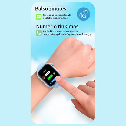 vaikiško laikrodžio 4G balso žinutės ir skambučių numerio rinkimas, pavaizduotas ant riešo