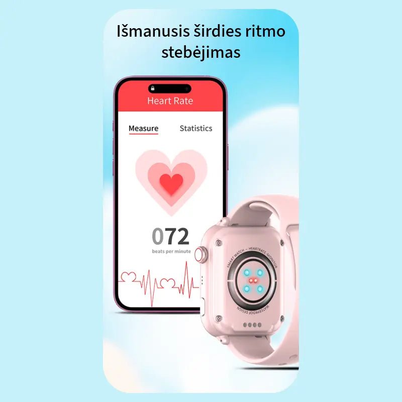 rožinis vaikiškas laikrodis su galine dalimi, rodančia jutiklius, ir išmanusis telefonas su širdies ritmo matavimo programėle
